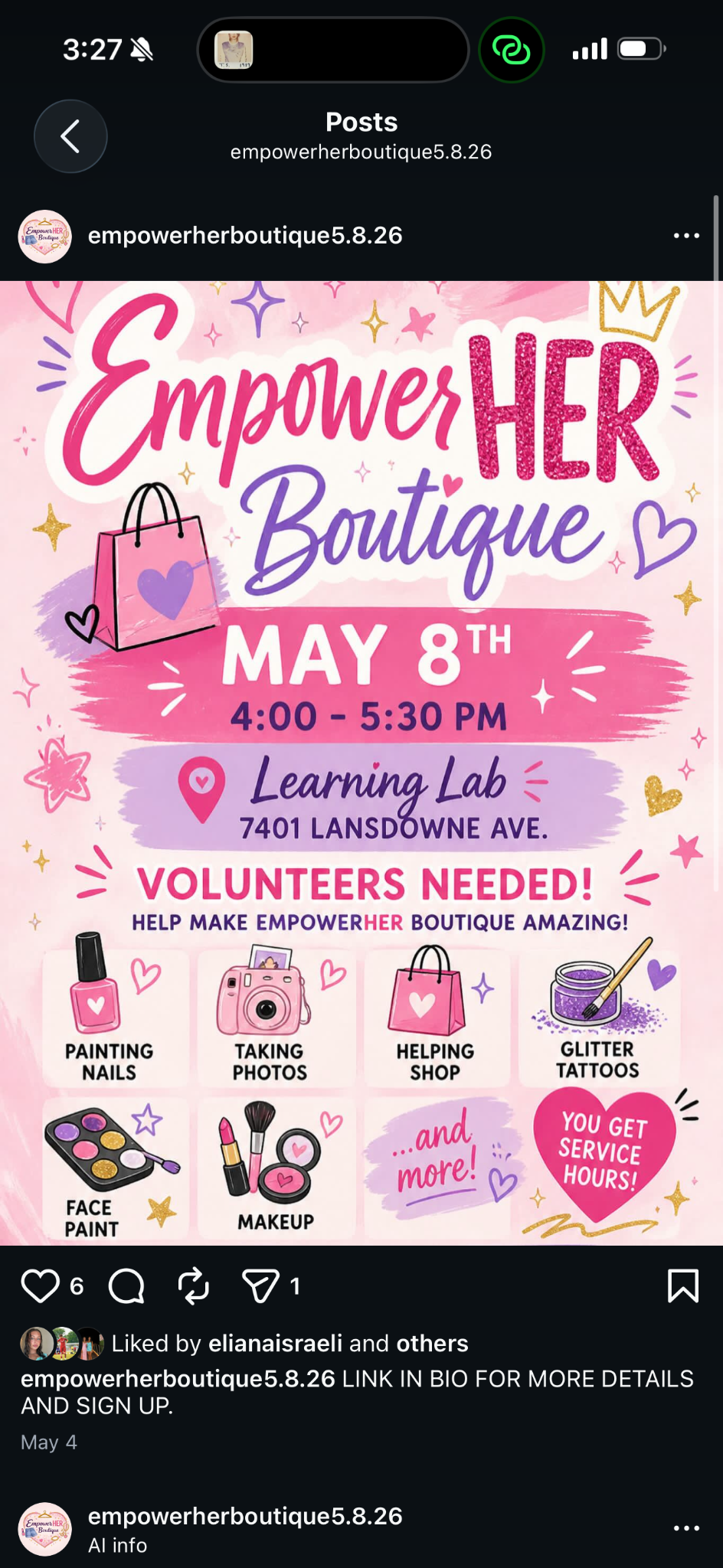 Instagram volunteer recruitment post for EmpowerHER Boutique