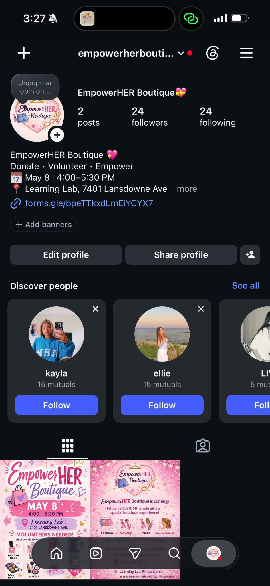 EmpowerHER Boutique Instagram profile showing branding, bio, and campaign posts